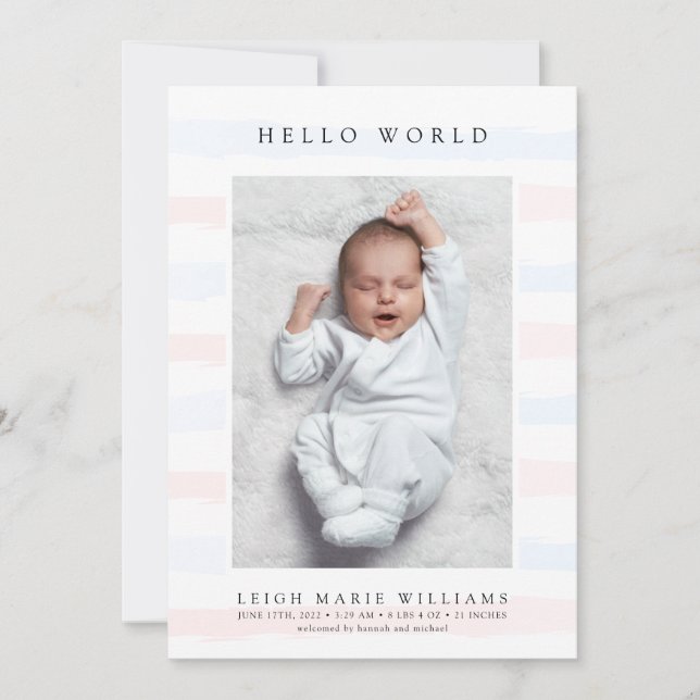 BABY BIRTH ANNOUNCEMENT Hello Pastel Stripes (Front)