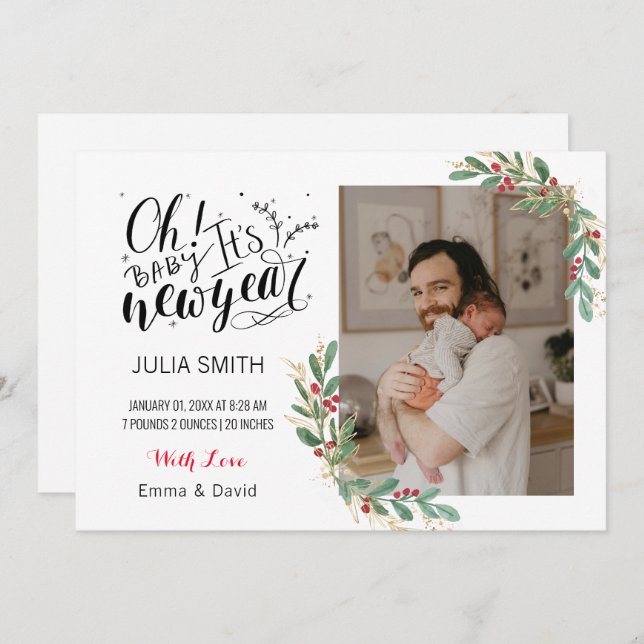 Baby Birth Announcement Photo Card Elegant Floral  (Front/Back)