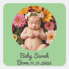 baby birth announcement photo name custom green  square sticker