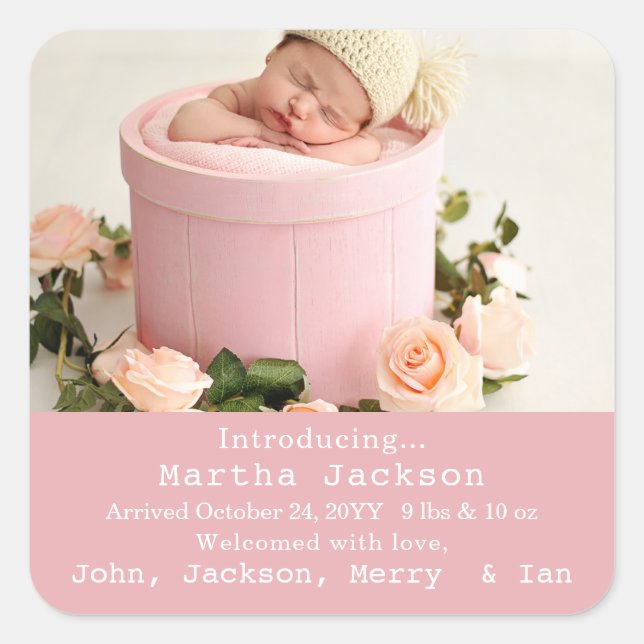 Baby Birth Announcement Photo Pink Girl Square  Sticker (Front)