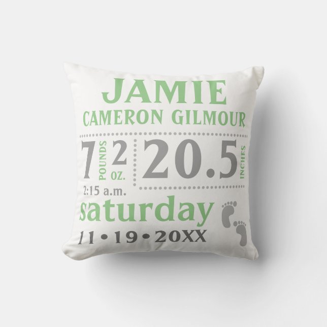 Baby Birth Announcement Pillow Green (Front)
