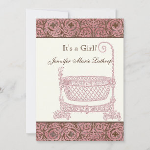 Baby Birth Announcement - Pink Brown Damask Cradle
