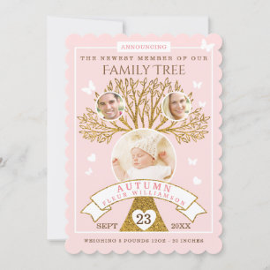 Baby Birth Announcement Pink & Gold Family Tree