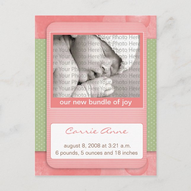 Baby Birth Announcement Pink Polka Dots (Front)
