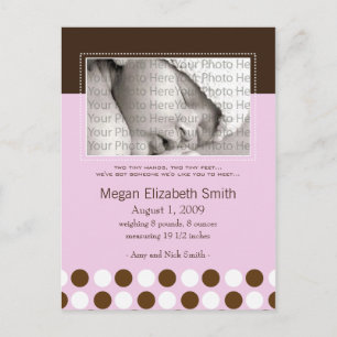 Baby Birth Announcement Pink with Chocolate Dots Postcard
