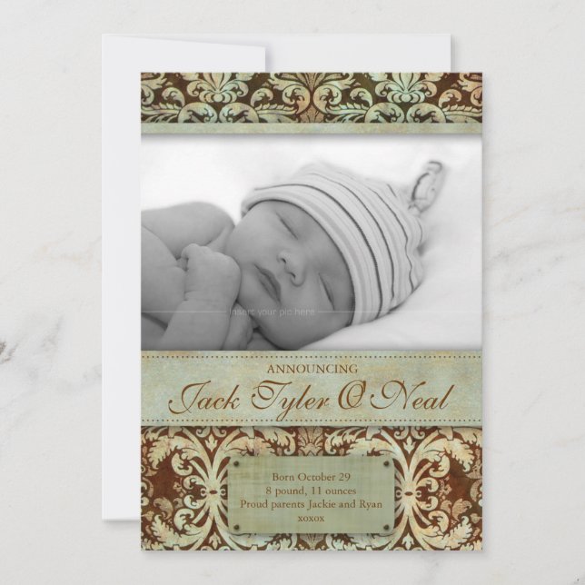 Baby Birth Announcement Vintage Brown Green (Front)