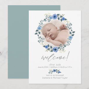 Baby Birth  Announcement   Watercolor Blue Floral