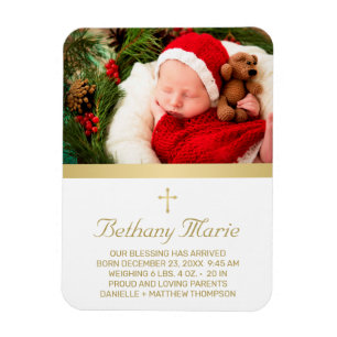 Baby Birth Christian Gold Cross Script Photo Magnet