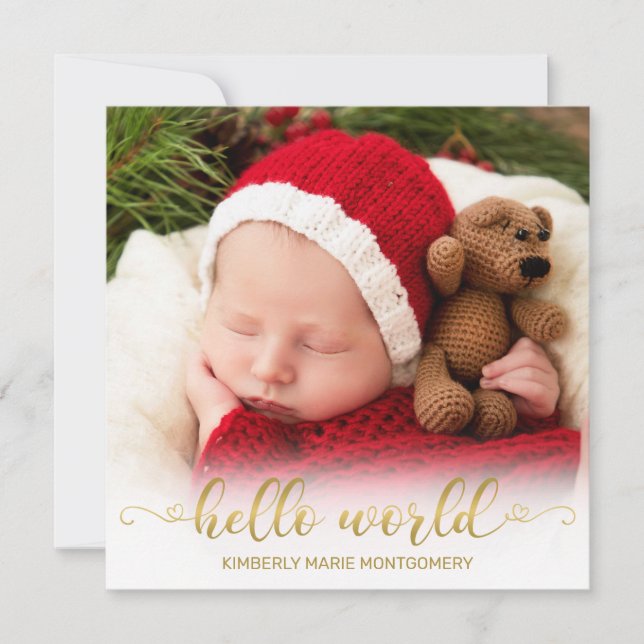 Baby Birth Hello World Gold Script w/ Hearts Photo Holiday Card (Front)