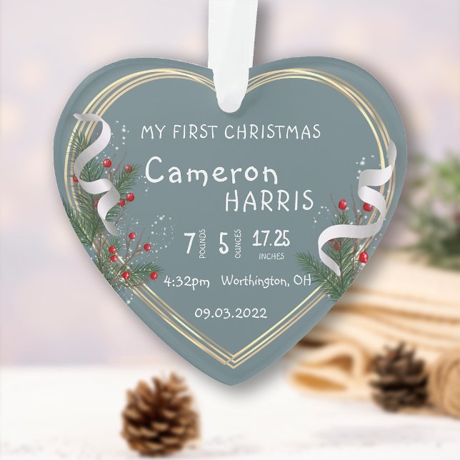 Baby Birth Info Milestone 1st Christmas Photo Ornament (Creator Uploaded)