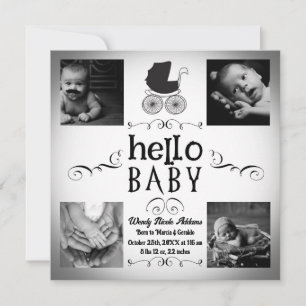 Baby Birth Photo Announcement Black & White Pram