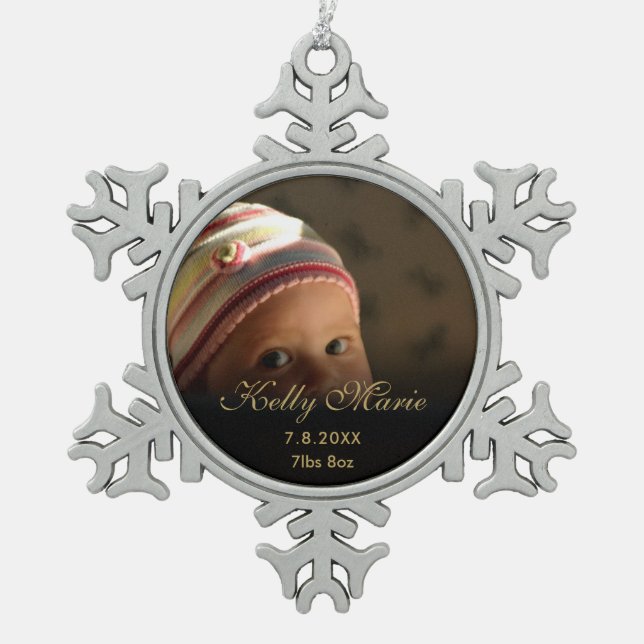 Baby Birth Photo Keepsake Snowflake Pewter Christmas Ornament (Front)