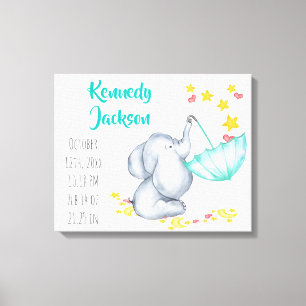 Baby Birth Record Stats Elephant Hearts and Stars Canvas Print