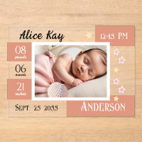 Baby Birth Statistics One Photo Pink Announcement
