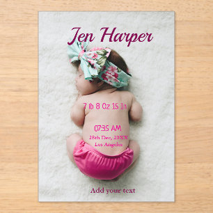 Baby birth stats add name place date keepsake memo acrylic invitations