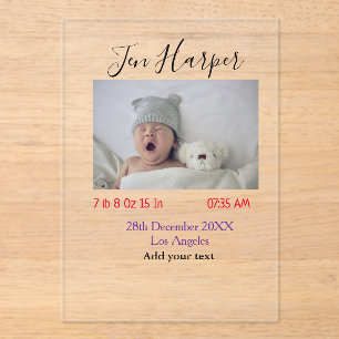 Baby birth stats add name place date keepsake memo acrylic invitations