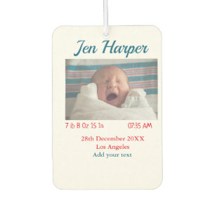 Baby birth stats add name place date keepsake memo car air freshener