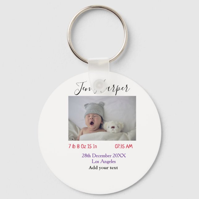 Baby birth stats add name place date keepsake memo key ring (Front)