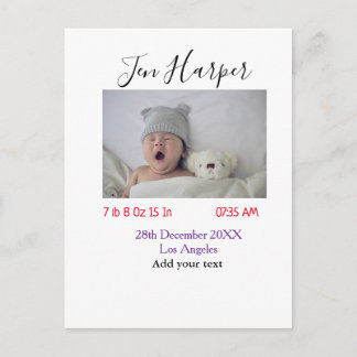 Baby birth stats add name place date keepsake memo postcard