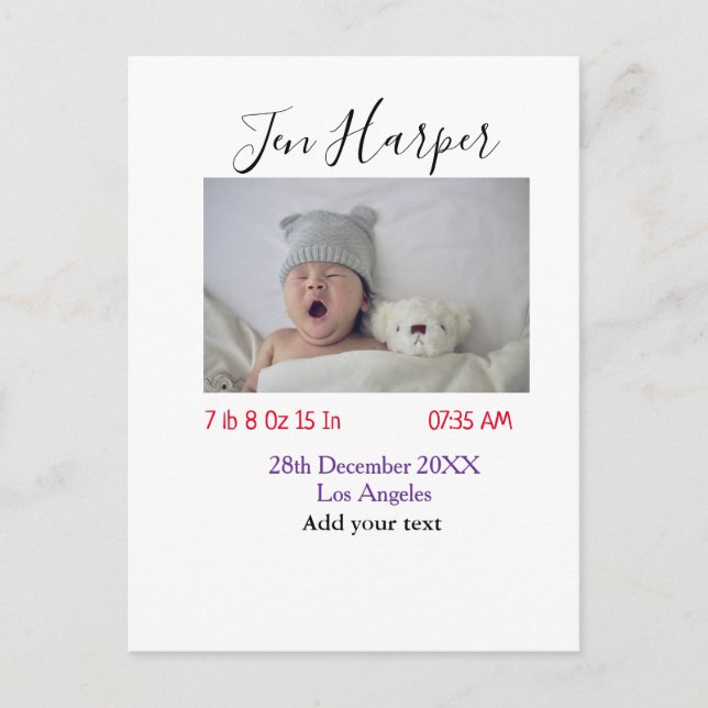 Baby birth stats add name place date keepsake memo postcard (Front)