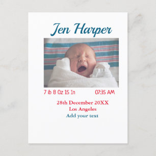 Baby birth stats add name place date keepsake memo postcard