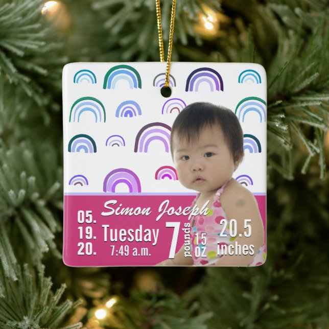 Baby Birth Stats Birth Record Christmas Photo Cera Ceramic Ornament (Tree)