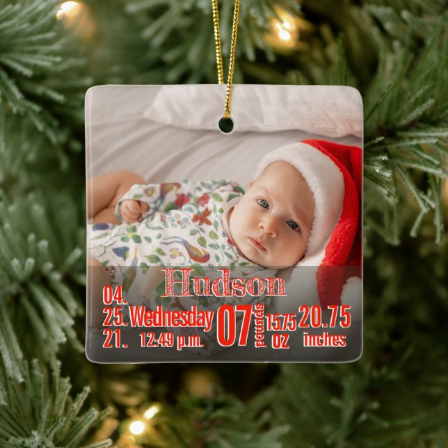 Baby Birth Stats Birth Record Christmas Photo Cera Ceramic Ornament (Tree)