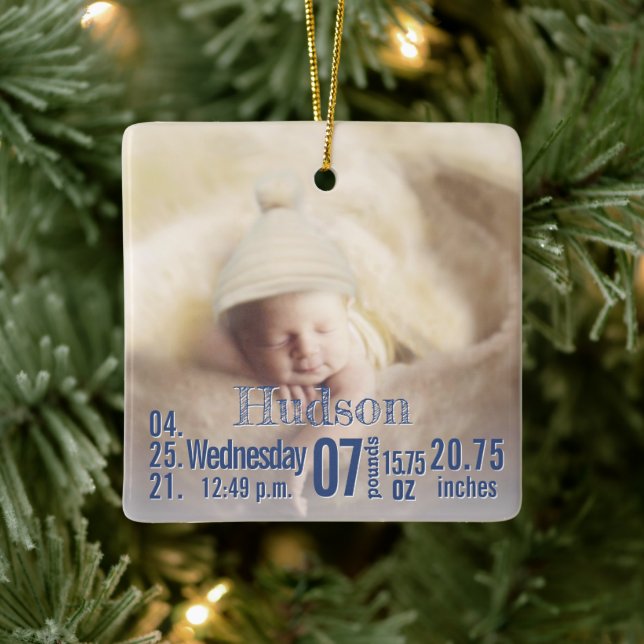 Baby Birth Stats Birth Record Christmas Photo Cera Ceramic Ornament (Tree)