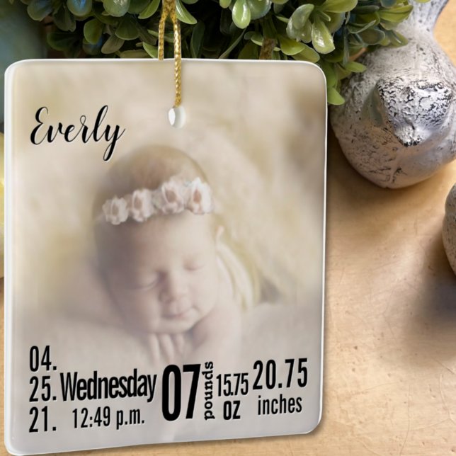 Baby Birth Stats Birth Record Christmas Photo Cera Ceramic Ornament (Creator Uploaded)