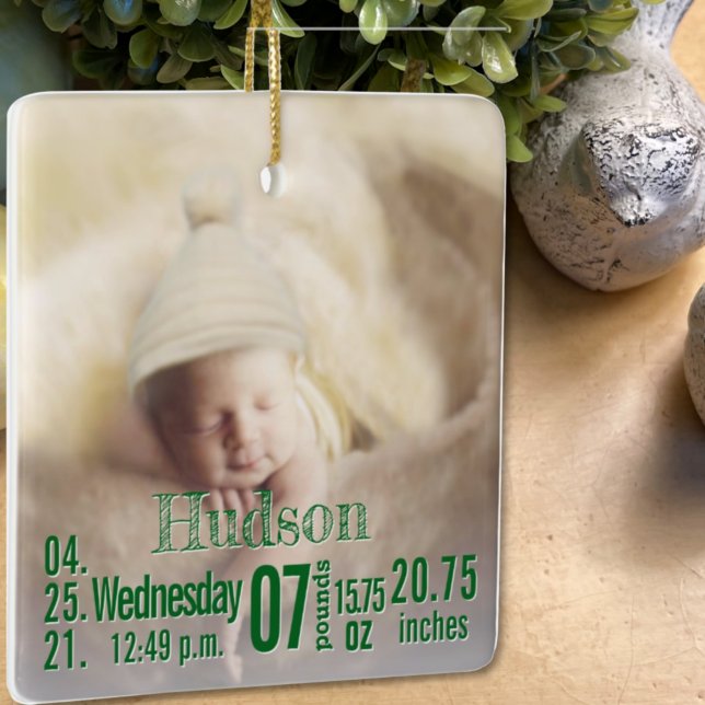 Baby Birth Stats Birth Record Christmas Photo Cera Ceramic Ornament (Creator Uploaded)