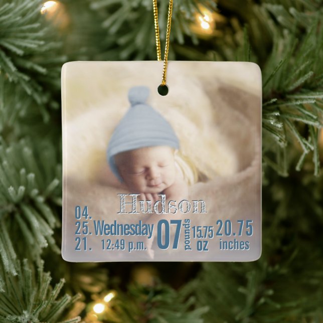 Baby Birth Stats Birth Record Christmas Photo Cera Ceramic Ornament (Tree)