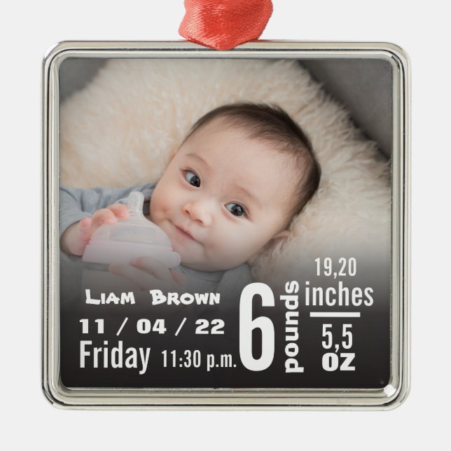 Baby Birth Stats, Birth Record, & Christmas Photo Metal Ornament (Front)
