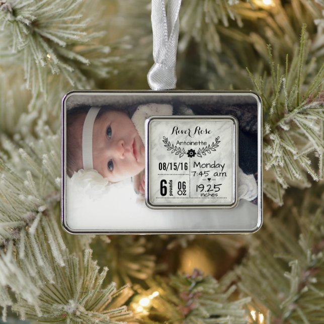 Baby Birth Stats Birth Record Christmas Photo Silver Plated Framed Ornament (Tree)