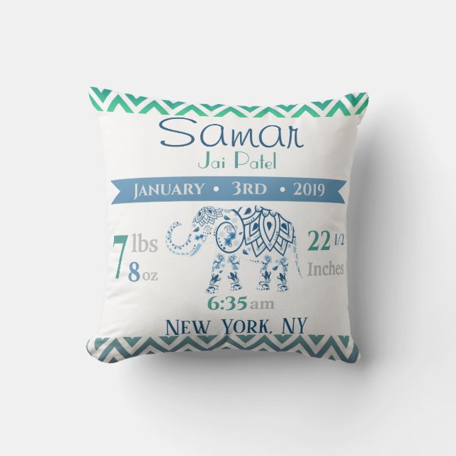 Baby Birth Stats Blue & Green Indian Elephant Cushion (Front)
