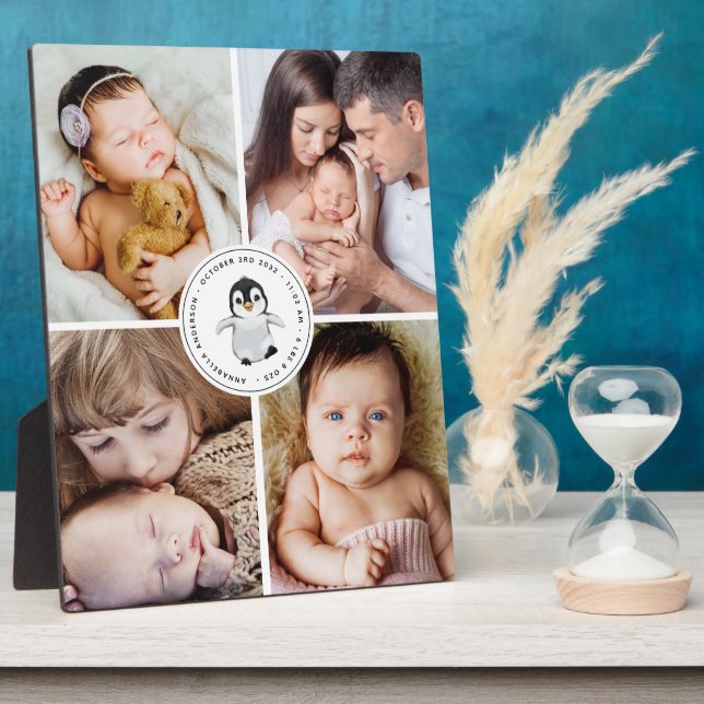 Baby Birth Stats Collage 4 Photo Penguin  Plaque (Side)