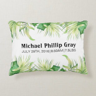 Baby Birth Stats Custom Name Tropical Green Palms Decorative Cushion
