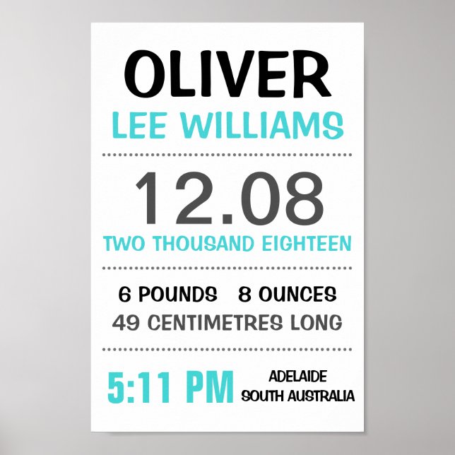 Baby Birth Stats Custom Wall Print Poster – Aqua (Front)