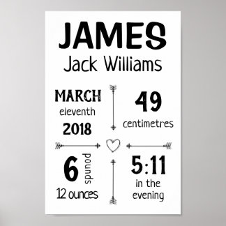 Baby Birth Stats Custom Wall Print Poster - Arrows