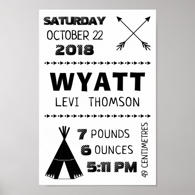 Baby Birth Stats Custom Wall Print Poster – Tribal (Front)