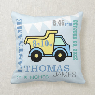 Baby Birth Stats Dump Truck Cushion