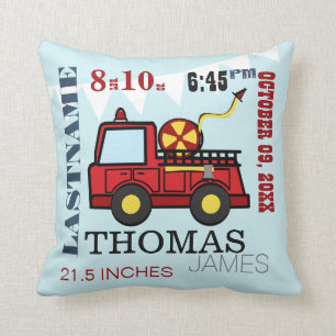 Baby Birth Stats Fire Truck Cushion