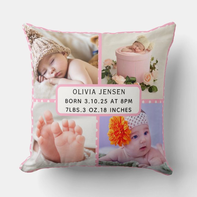 Baby Birth Stats Four Photo Collage pink polka dot Cushion (Front)