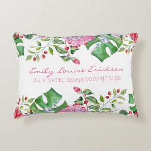 Baby Birth Stats Girl Floral Name Tropical Decorative Cushion