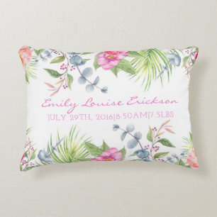 Baby Birth Stats Girl Name Tropical Floral Decorative Cushion