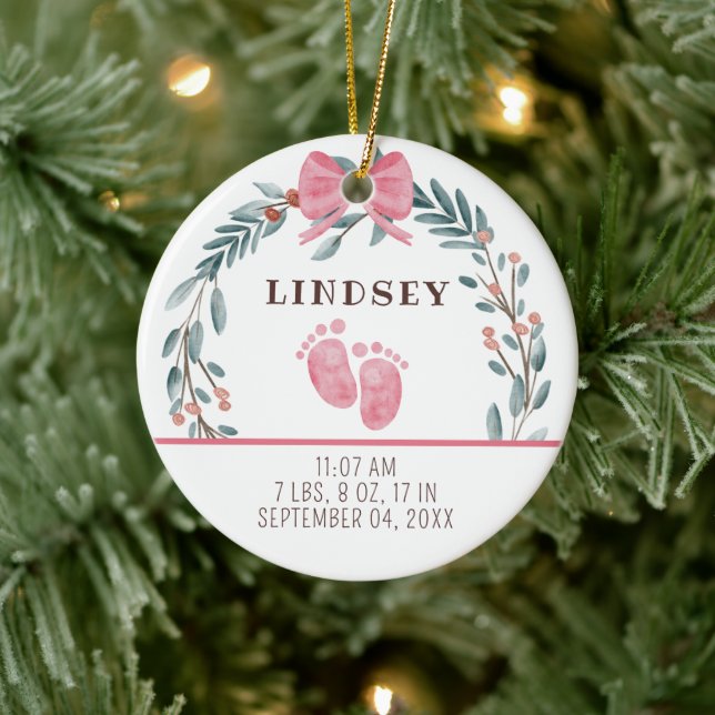 Baby Birth Stats Girl Photo Baby's 1st Christmas  Ceramic Ornament (Tree)