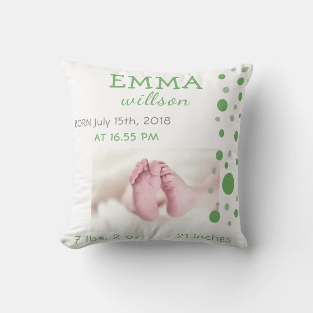 Baby Birth Stats Green Circles Photo Cushion (Front)