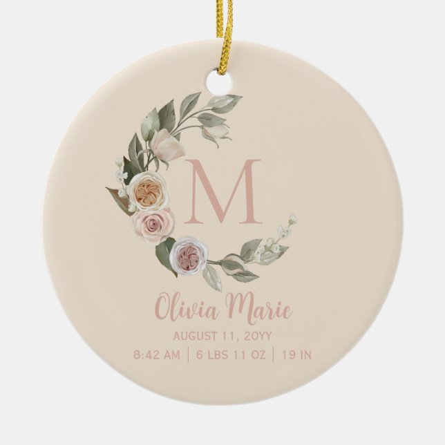 Baby Birth Stats Name Roses Photo Monogram Ceramic Ornament (Front)