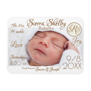 Baby Birth Stats & Photo Monogram Custom Keepsake Magnet