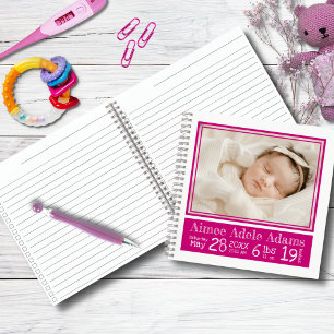 Baby Birth Stats Photo Notebook Magenta Stripes