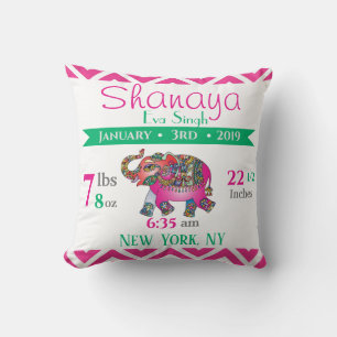 Baby Birth Stats Pink and Green Indian Elephant Cushion